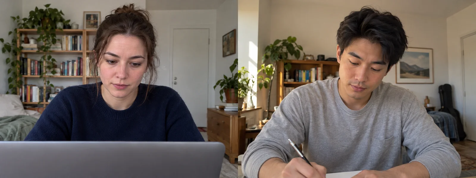 Illustrative webcam view of a woman concentrating at her laptop